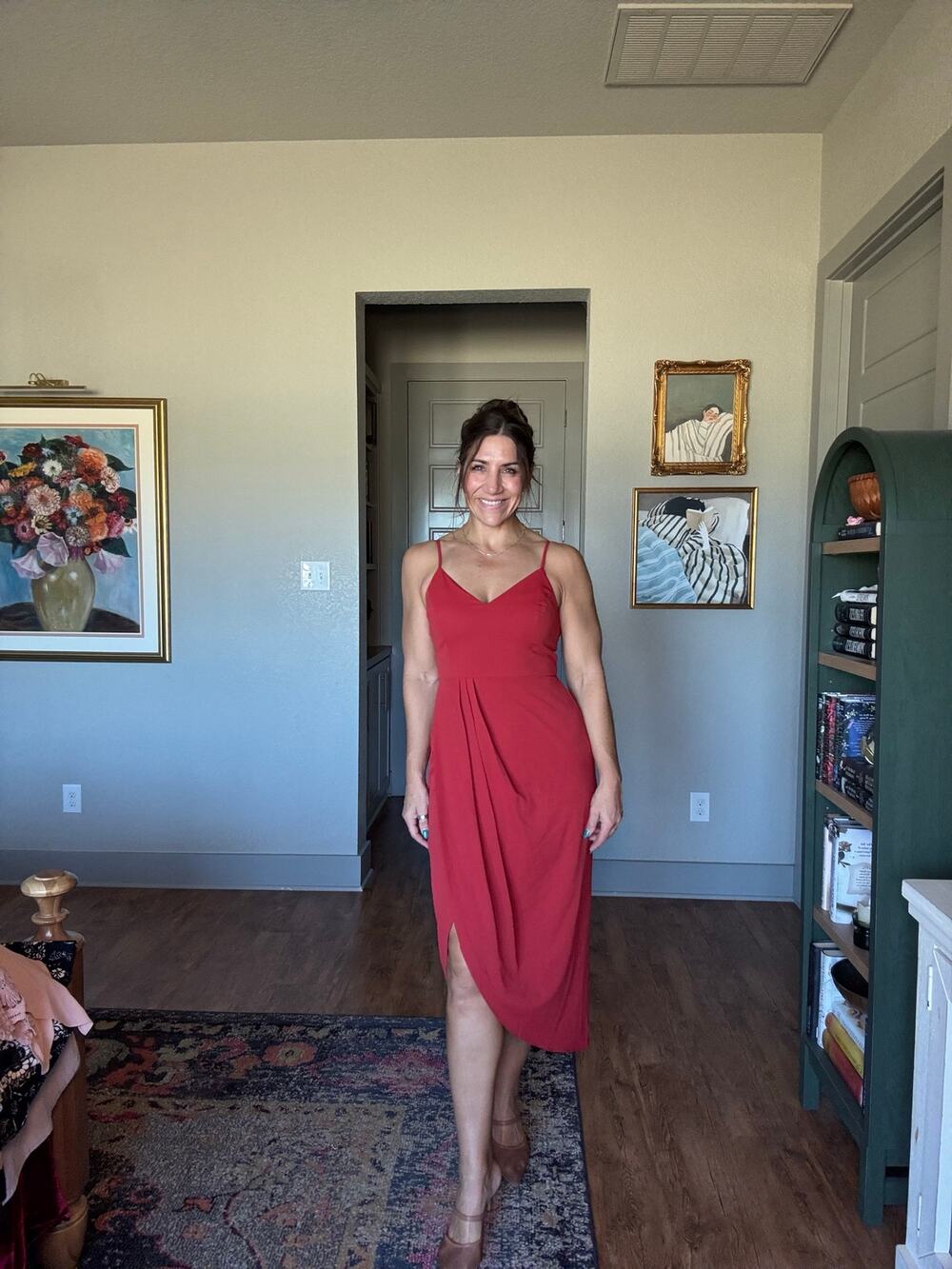Lulus Red Draped Tulip Midi Dress Spaghetti Strap M